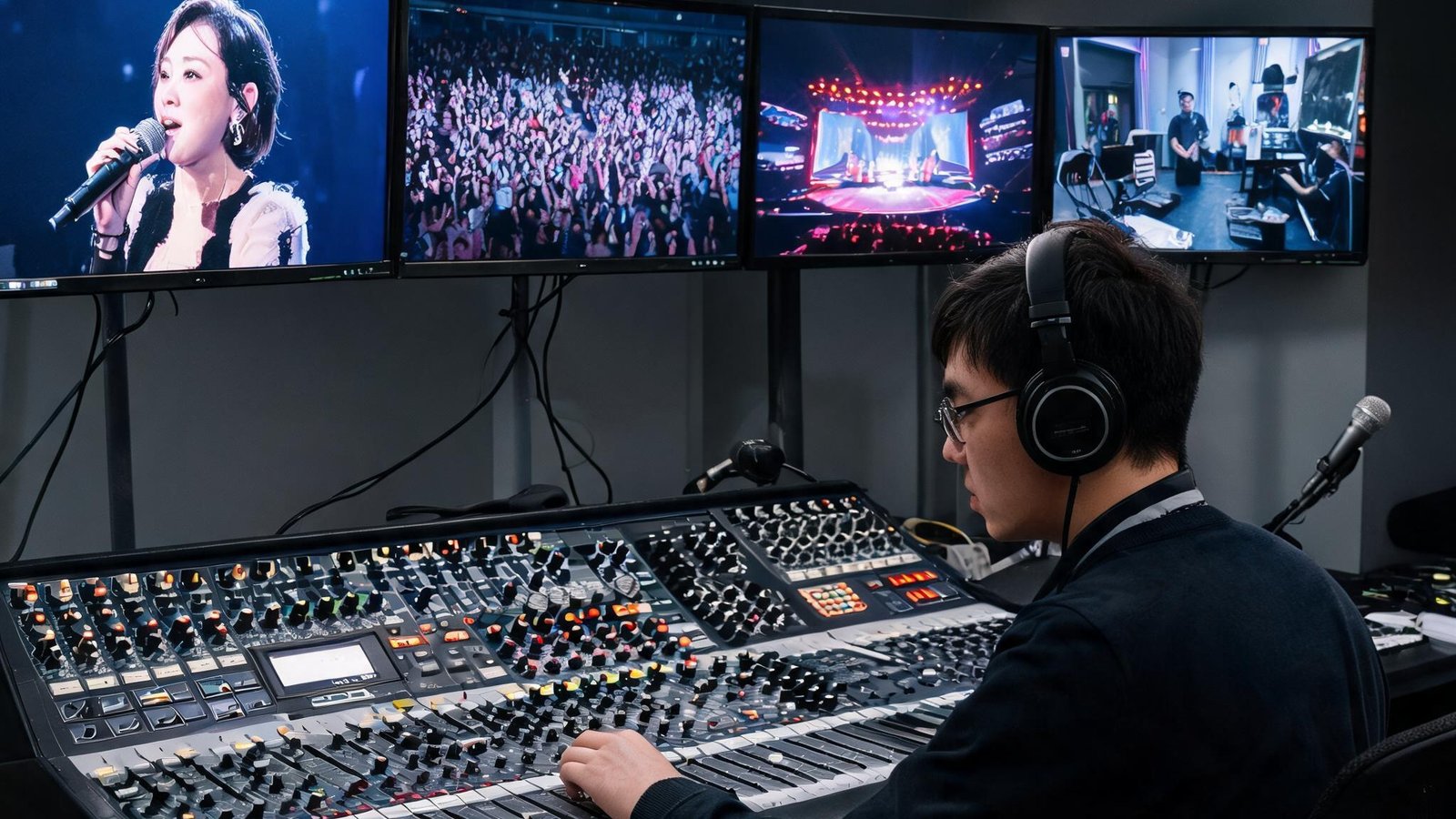 直播间内多台显示器显示不同机位的画面，技术人员正在调试音频