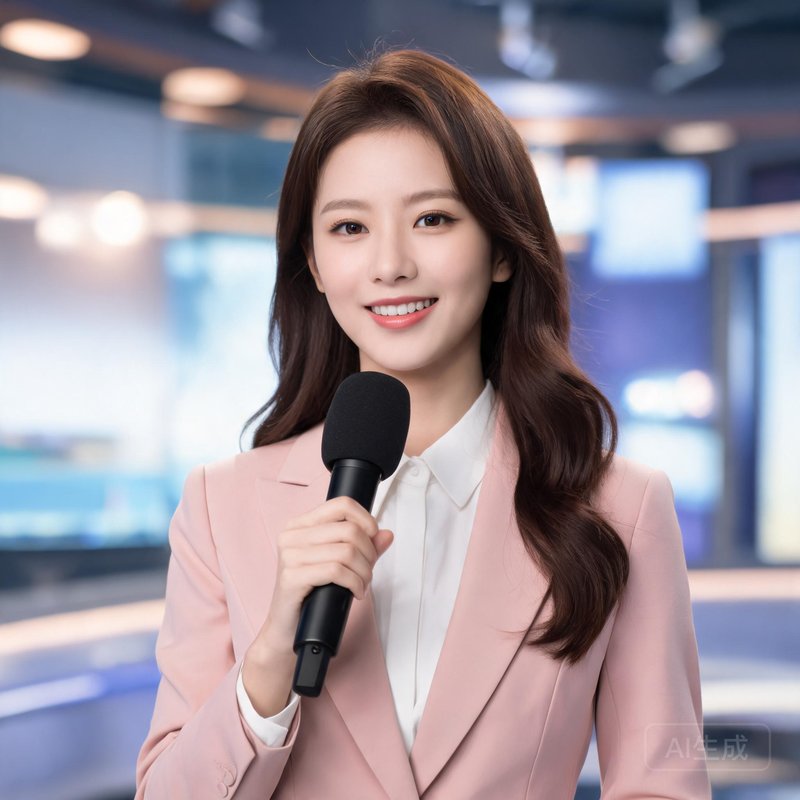美女解说员李悦，手持话筒，笑容自信