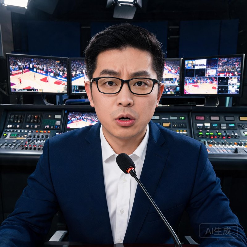 解说员王浩，戴眼镜，表情专注，身后是转播台